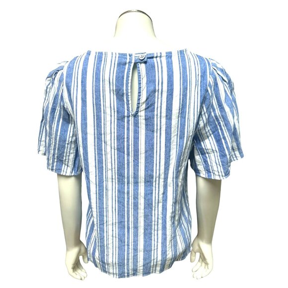 Cabi Striped Linen Blend Top S Blue & White Short Sleeve Keyhole Back - Picture 3 of 8